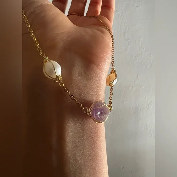 🌊Custom Aura Amethyst & Pearl Choker (15") - Picture 7 of 14